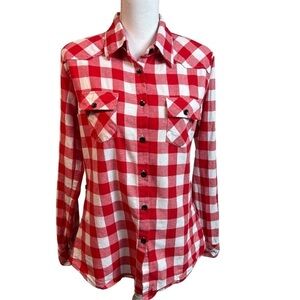 Ochenta Flannel Shirt Women's Medium Red Plaid Roll Tab Sleeve Side Button Tabs